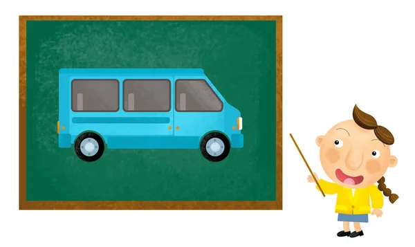 Καρτούν σκηνή με το κορίτσι παιδί που δείχνει κάθε μέρα αυτοκίνητο και διδασκαλία — Φωτογραφία Αρχείου