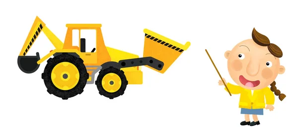 cartoon scene with girl child showing excavator loader and teach