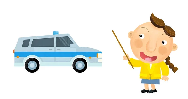 cartoon scene with girl child showing police car and teaching on