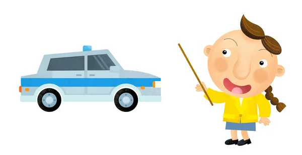 cartoon scene with girl child showing police car and teaching on