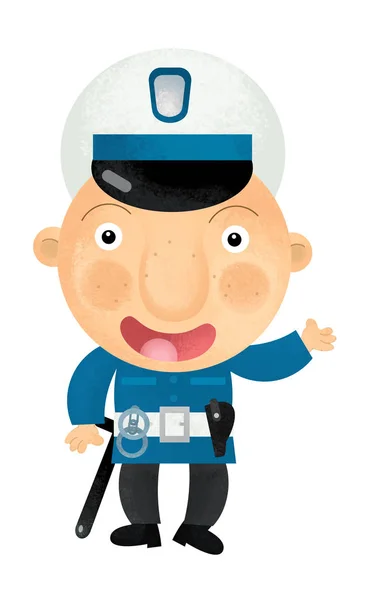 Мультяшна сцена з щасливим поліцейським на чергуванні розмовляє на радіо на білому тлі ілюстрація для дітей — стокове фото
