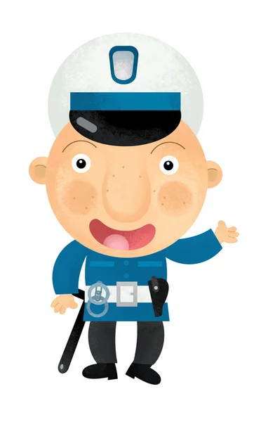 Scène de dessin animé avec policier heureux de service parlant à la radio sur fond blanc illustration pour les enfants — Photo