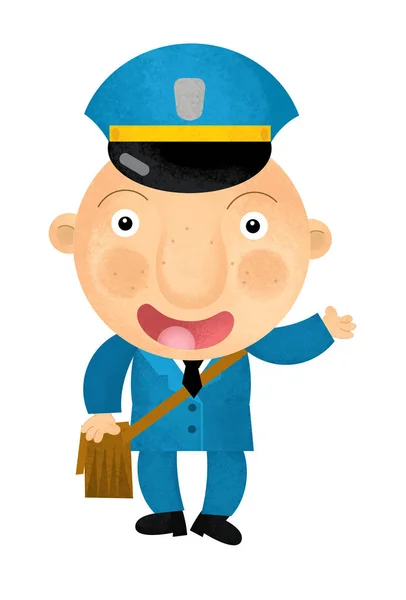 Cartoon scene with happy policeman on duty talking to radio on white background - illustration for children — Stock Photo, Image