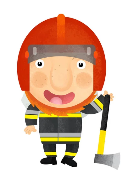 Cartoon šťastný a zábavný hasič s hasicí přístroj - izolované - ilustrace pro děti — Stock fotografie