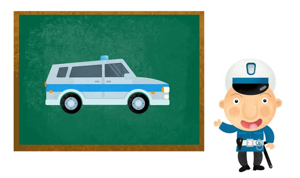 Cartoon scene with girl child showing police car on white backgr — Stock Photo, Image