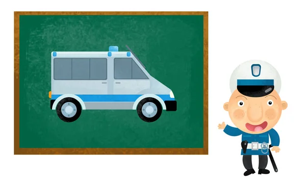 Scène de dessin animé avec fille enfant montrant voiture de police sur backgr blanc — Photo