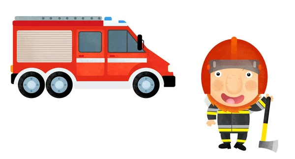 Cena dos desenhos animados com menina criança mostrando carro bombeiro no branco backg — Fotografia de Stock