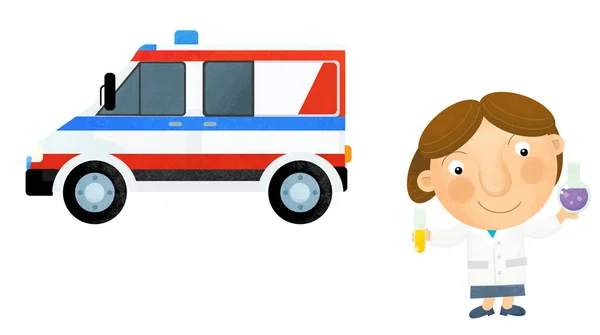 Cartoon scene with girl doctor showing ambulance car on white ba — Stock Photo, Image