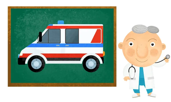 Escena de dibujos animados con niño médico mostrando coche ambulancia sobre fondo blanco ilustración para niños — Foto de Stock