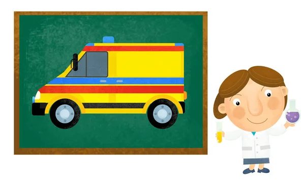 Καρτούν σκηνή με το κορίτσι γιατρός δείχνει ασθενοφόρο αυτοκίνητο σε λευκό φόντο εικόνα για τα παιδιά — Φωτογραφία Αρχείου
