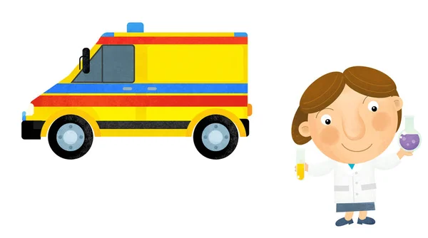 Cartoon scene with girl doctor showing ambulance car on white ba — Stock Photo, Image