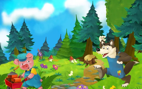 Cartoni animati scena fiaba con lupo e maiale sul prato - illustrazione per bambini — Foto Stock