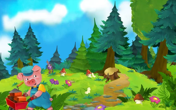 卡通童话场景与猪在草地上 - 插图为儿童 — 图库照片