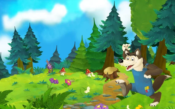 草原にオオカミと漫画のおとぎ話のシーン - 子供のためのイラスト — ストック写真