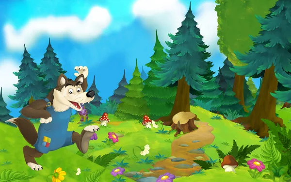 Сцена мультяшної казки з вовком на лузі - ілюстрація для дітей — стокове фото