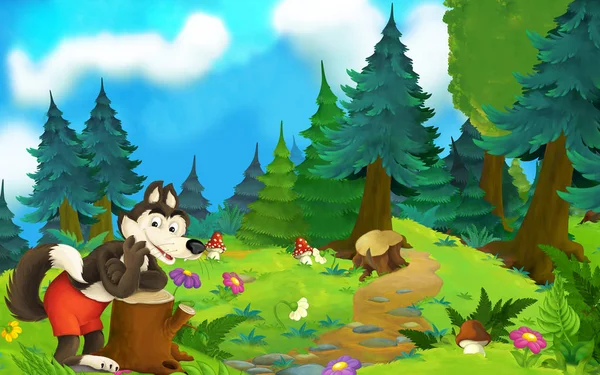 Cena de conto de fadas dos desenhos animados com lobo no prado - ilustração para crianças — Fotografia de Stock