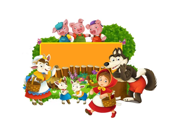 Cartoon fairy tale scene with wolf and title frame with different characters - illustration for children