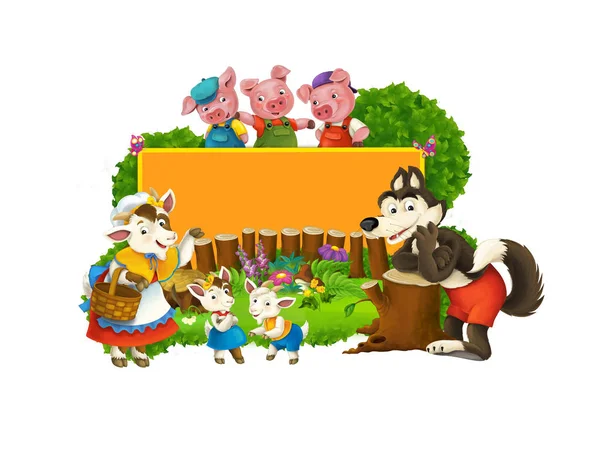 Cena de conto de fadas dos desenhos animados com lobo e quadro de título com personagens diferentes - ilustração para crianças — Fotografia de Stock