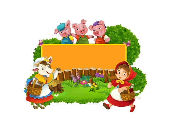 Cena de conto de fadas dos desenhos animados com lobo e quadro de título com personagens diferentes - ilustração para crianças — Fotografia de Stock