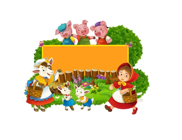 Escena de cuento de hadas de dibujos animados con lobo y marco de título con diferentes personajes - ilustración para niños — Foto de Stock