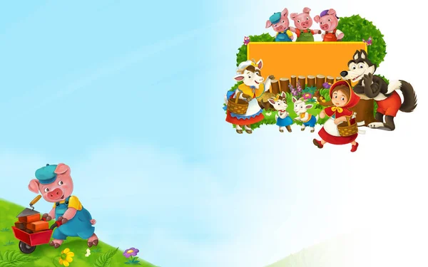 Escena de cuento de hadas de dibujos animados con lobo en el prado y marco del título con diferentes personajes - ilustración para niños — Foto de Stock