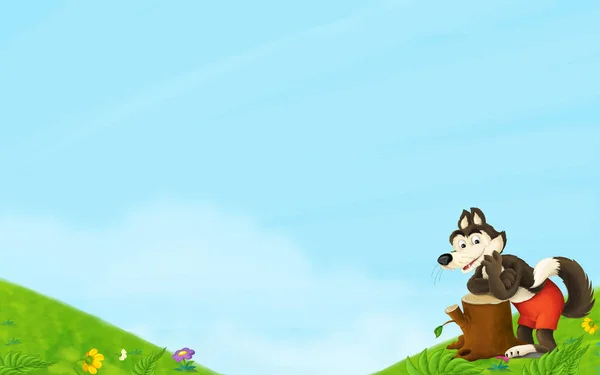 Cartoon sprookje scène met Wolf op de weide-illustratie voor kinderen — Stockfoto