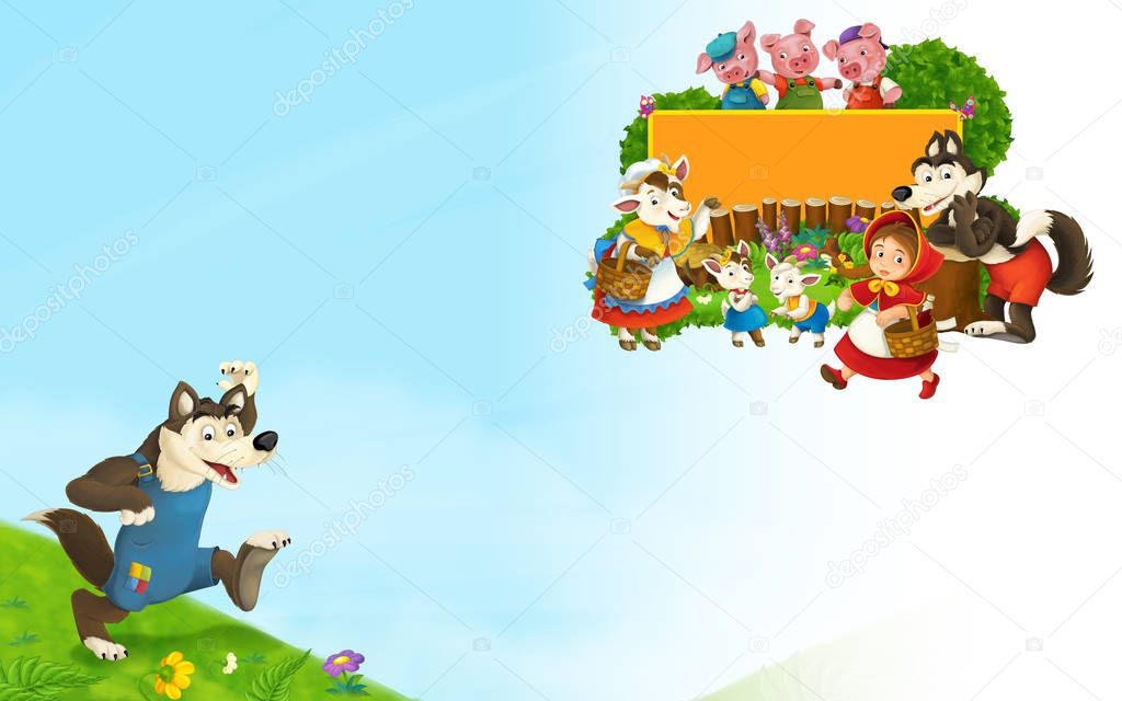 Cartoon fairy tale scene with wolf on the meadow and title frame with different characters - illustration for children