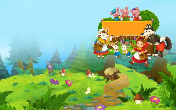 Cartoon fairy tale scene with wolf on the meadow and title frame with different characters - illustration for children — Stock Photo, Image