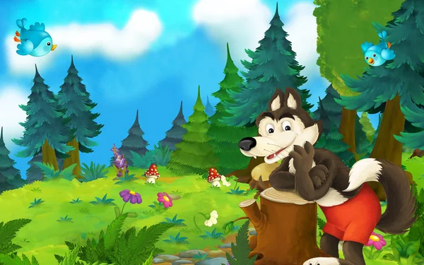 Cena de conto de fadas dos desenhos animados com lobo no prado - ilustração para crianças — Fotografia de Stock