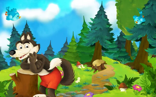 Escena de cuento de hadas de dibujos animados con lobo en el prado - ilustración para niños — Foto de Stock