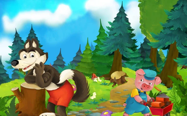 Cena de conto de fadas dos desenhos animados com lobo e porco no prado - ilustração para crianças — Fotografia de Stock