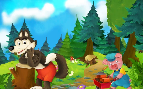 Мультфильм сказка сцена с волком и свиньей на лугу - иллюстрация для детей — стоковое фото