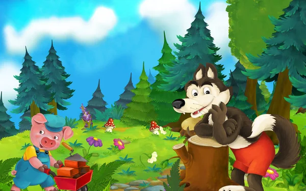 Escena de cuento de hadas de dibujos animados con lobo y cerdo en el prado - ilustración para niños —  Fotos de Stock