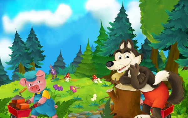 Escena de cuento de hadas de dibujos animados con lobo y cerdo en el prado - ilustración para niños —  Fotos de Stock