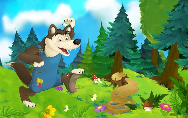 Escena de cuento de hadas de dibujos animados con lobo en el prado - ilustración para niños —  Fotos de Stock