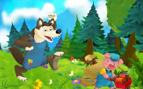 Cartoon fairy tale scene with wolf and pig on the meadow - illustration for children — Stock Photo, Image