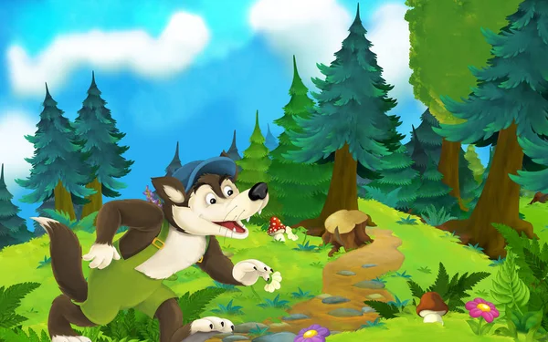 Cartoon-Märchenszene mit Wolf auf der Wiese - Illustration für Kinder — Stockfoto