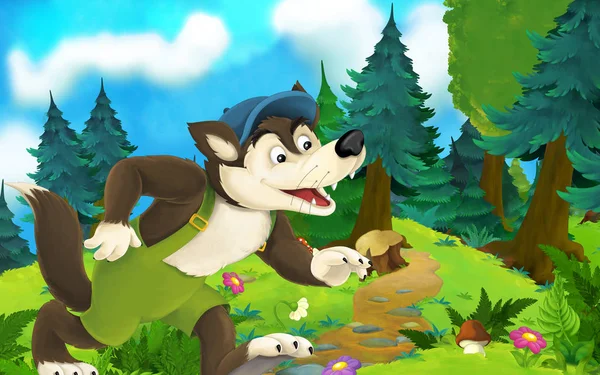 Tecknad Saga scen med Wolf på ängen-illustration för barn — Stockfoto