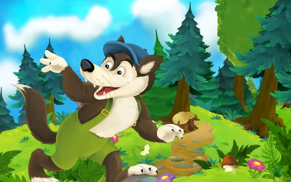 Cartoon bajki sceny z wilkiem na łące-ilustracja dla dzieci — Zdjęcie stockowe
