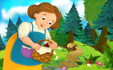 Ormanda yürüyen mutlu bir kadın karikatür sahnesi - çocuklar için illüstrasyon