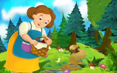 Ormanda yürüyen mutlu bir kadın karikatür sahnesi - çocuklar için illüstrasyon