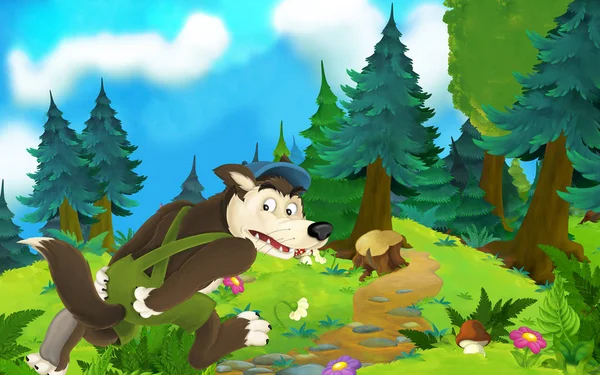초원에 늑대와 만화 동화 장면 - 어린이를위한 그림 — 스톡 사진