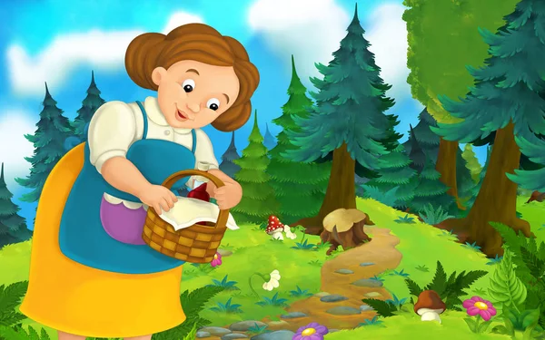 Tecknad scen på en lycklig kvinna som går genom skogen-illustration för barn — Stockfoto