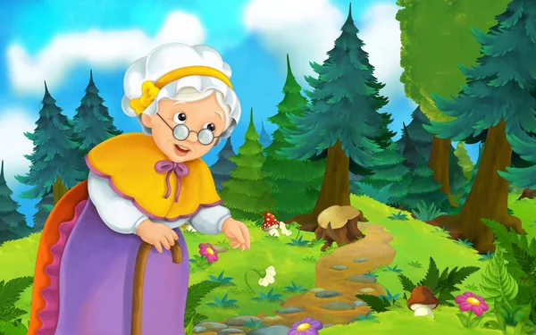 Cartoon scene on a happy woman walking through the forest - illustration for children — Stock Photo, Image