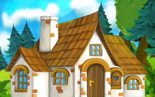 Escena de dibujos animados con hermosa casa de ladrillo rural en el bosque en el prado - ilustración para niños — Foto de Stock