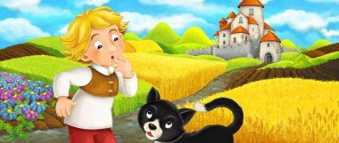 Karikatür sahnesi - kedi genç erkek çiftçi ile tepede kaleye seyahat - çocuklar için illüstrasyon