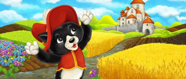 卡通场景 - 猫旅行到城堡附近的农场牧场 - 插图为儿童 — 图库照片