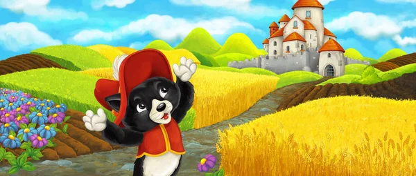 卡通场景 - 猫旅行到城堡附近的农场牧场 - 插图为儿童 — 图库照片