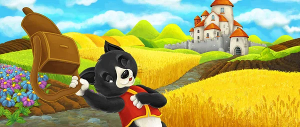 Scena dei cartoni animati - gatto che si reca al castello sulla collina vicino al ranch della fattoria - illustrazione per bambini — Foto Stock