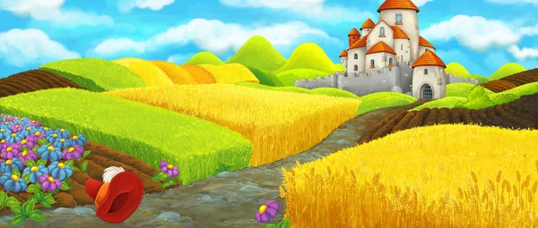 Cartoon scene - cap near the castle on the hill near the farm ranch - illustration for children — Stock Photo, Image